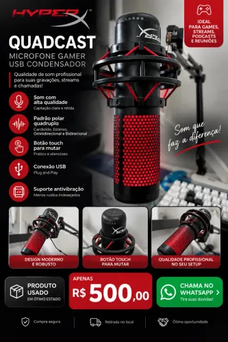     Microfone HyperX QuadCast USB Gamer - R$ 500