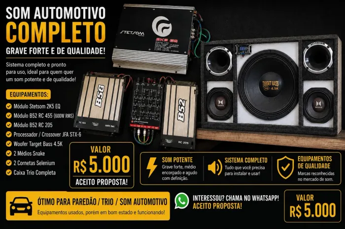 Som automotivo completo trio grave forte + módulos Stetsom e B52