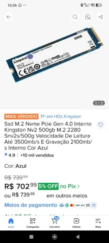 Ssd M.2 Nvme Pcie Gen 4.0 Interno Kingston Nv2 500gb M.2 2280