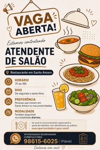 Vaga para atendente de salão em Restaurante