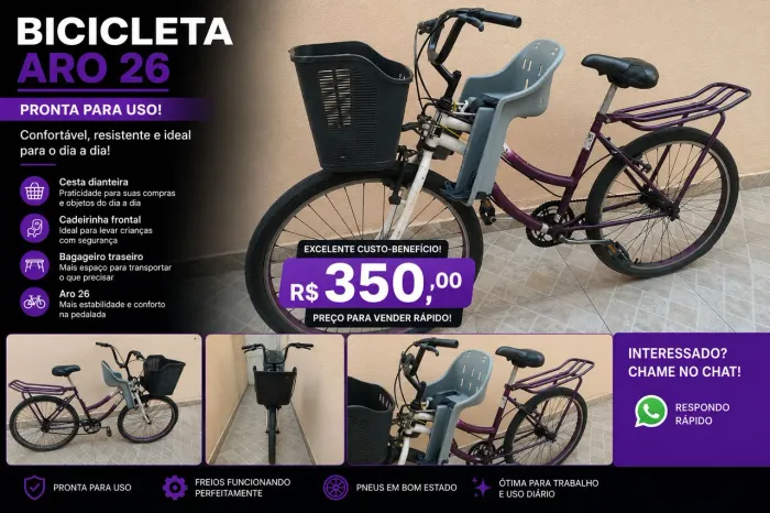 Bicicleta Aro 26 Completa | Cestinha + Cadeirinha + Bagageiro | Ótimo Estado
