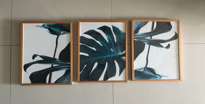 Conjunto com 3 Quadros de Folhagens com Moldura de Madeira e Vidro