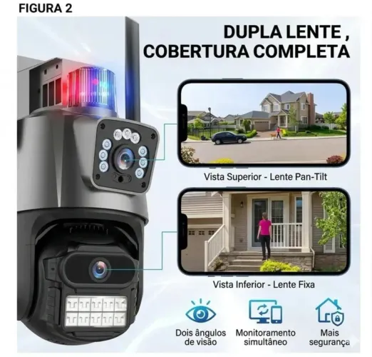 Câmera de Segurança WiFi com Lente Dupla, Detecção de Movimento e Alarme com Luz LED