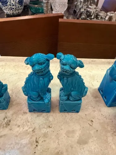 Par de Cães de Fó em Porcelana Azul Turquesa - Leões Guardiões Chineses (TENHO DOIS PARES)