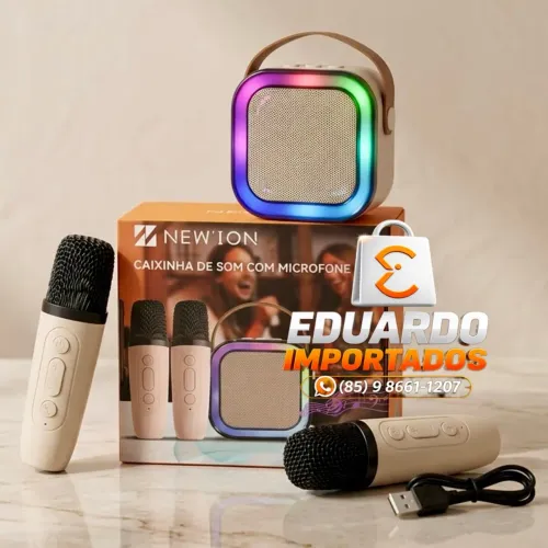 Mini Caixinha de Som Bluetooth com 2 Microfones Sem Fio + LED RGB , Recarregável