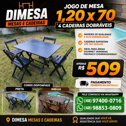 Mesa 1,20x70 com 4 cadeiras dobráveis preta ou marrom
