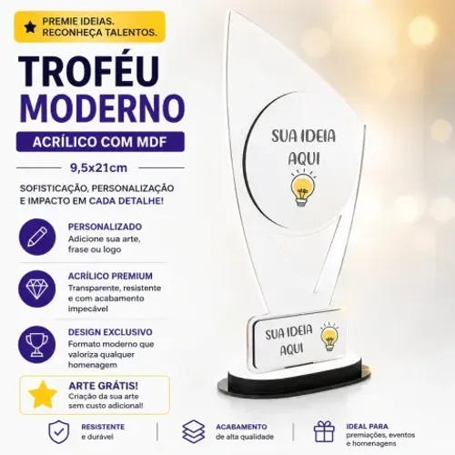 Troféu Personalizado acrilico com MDF - Retangular 9,5x21cm