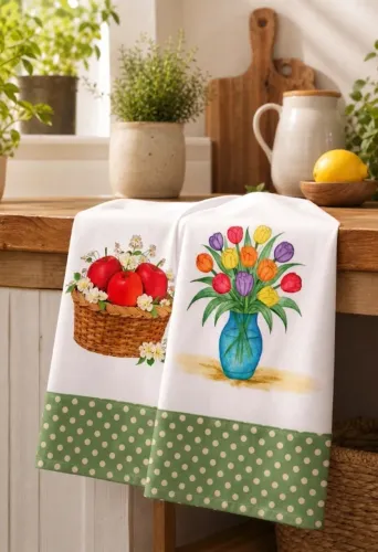 KIT C/ 03 PANOS DE PRATO EXCLUSIVO, PINTURA EM TECIDO, TAM 70X46 CM, 100% ALGODÃO