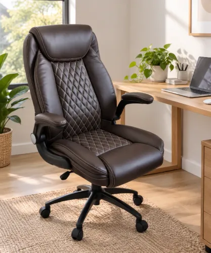 Cadeira de Escritório Seevoo Seminova - Couro PU Marrom, Encosto Alto, Ergonômica