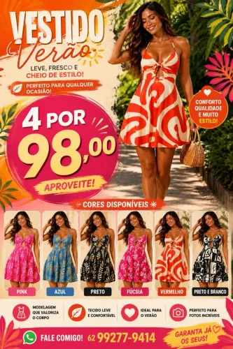 Kit com 4 Vestidos Frente Única Femininos - Cores Variadas