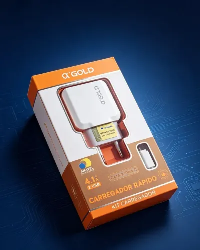  Kit Carregador Rápido A'GOLD 4.1A - 2 Portas USB + Cabo Tipo?C