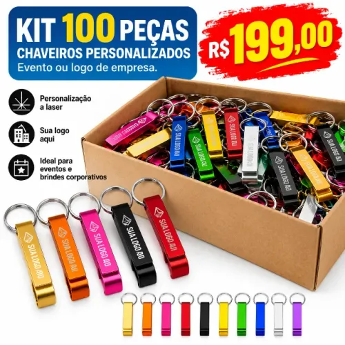 100 Chaveiros Metal Abridor Personalizados