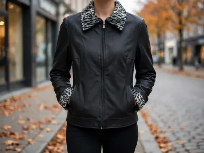 Jaqueta Feminina Preta Blentana Gola e Punho Animal Print Zebra - Tam M - Outono Inverno