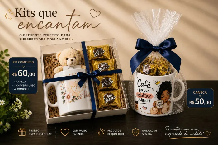 Kit Presente com Caneca Personalizada + Bombons + Chaveiro