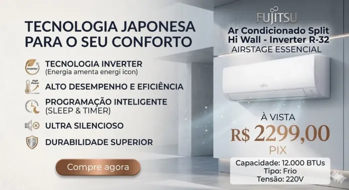 Ar Condicionado Hi Wall - Inverter R-32 - Fujitsu - Essencial - 12.000 BTUs - Frio - 220V