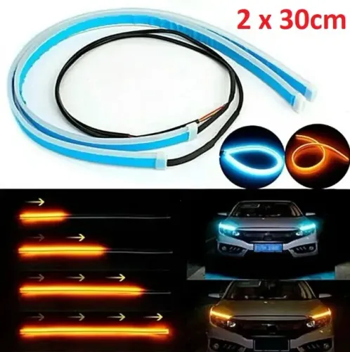 Par Fita Led Automotiva 30cm Farol DRL Efeito Start + Seta Sequencial Âmbar