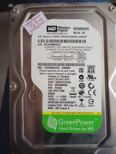 HD 500GB GreenPower - Saúde 43% (Para Técnicos / Retirada de Peças) (AN03)