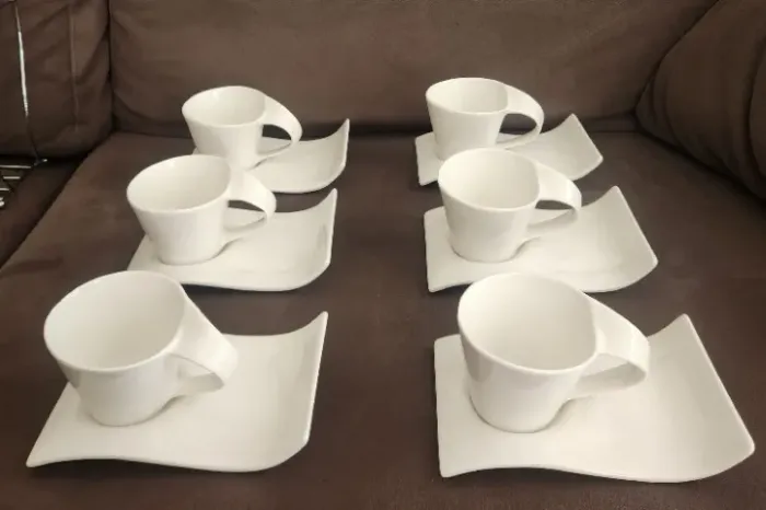 Conjunto 6 xícaras/pratos Café de porcelana linha Wave