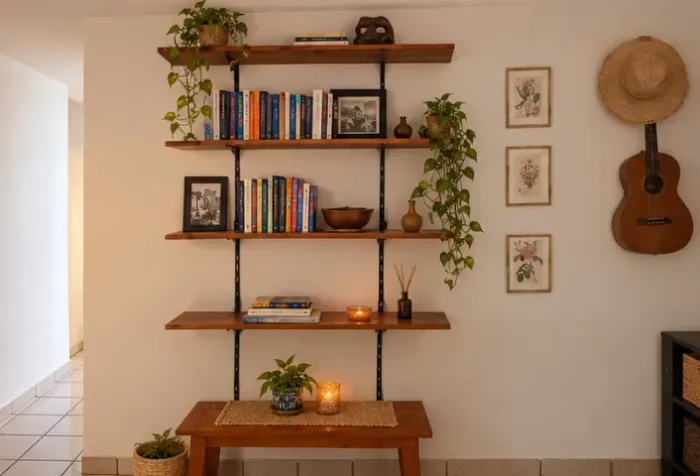 Conjunto de prateleiras de madeira com suportes metálicos pretos
