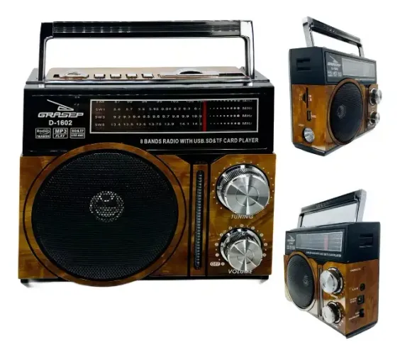 Rádio Analógico Portátil Grasep Retro AM FM USB Marrom D-1602