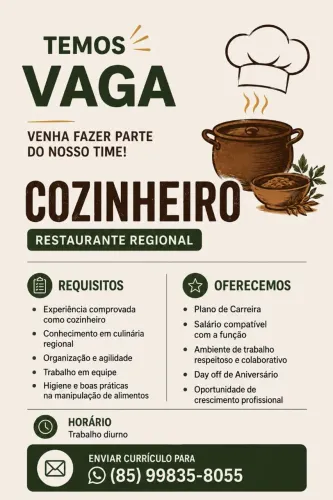 OPORTUNIDADE PARA COZINHEIRO(A) - HORÁRIO DIURNO
