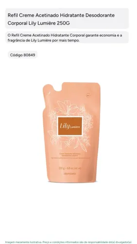 Refil hidratante corporal acetinado Lily lumiere Boticário lacrado