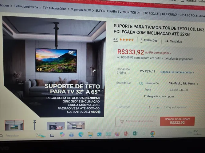 Suporte de teto para TV / Monitor de teto Lcd, Led, 4k e curva 32 a 65 polegadas