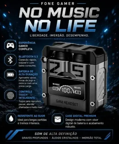 Fone Bluetooth Gamer TWS com Display Digital e Case Premium