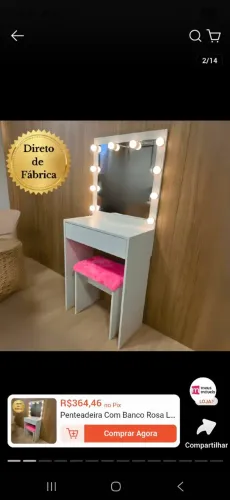 Penteadeira Com Banco Rosa Led e Espelho 50cm x 50cm Material Em 100% MDF