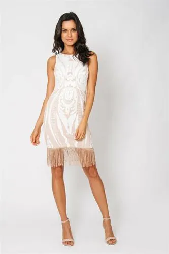 Vestido festa cor nude com aplicações em branco