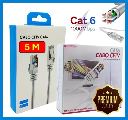 Cabo de rede - 5 Metros - RJ45 CAT6 CFTV - Alta Qualidade