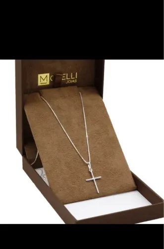 Corrente De Prata 925 Masculina Fina 70cm com pingente cruz palito 