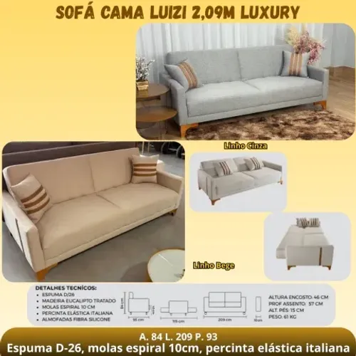 Sofá cama de 2.09m com tecido no linho
