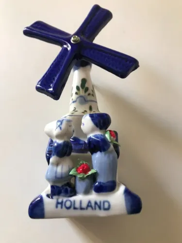Decoração Moinho De Vento Com Casal Holandês De Porcelana Azul-marinho