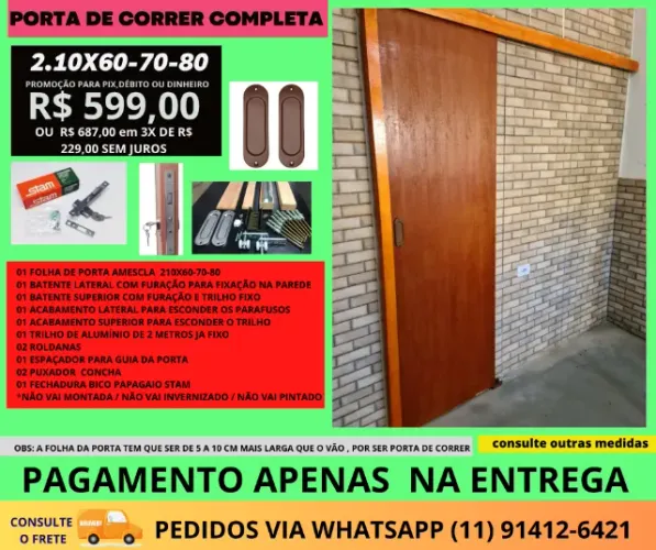 Porta kit de corre batente 2.10x82 - frete a/c cod pcv - pagamento na entrega