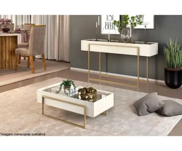 Conjunto Mesa de Centro e Aparador Pilar 100% MDF Off White