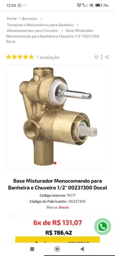 Base misturador monocomando para banheira e chuveiro docol