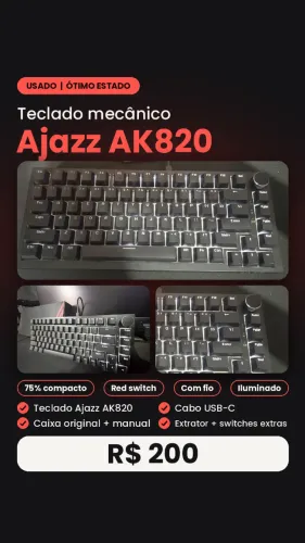 Teclado Mecânico Ajazz AK820 75% Red Switch com Fio + Caixa + Switches Extras