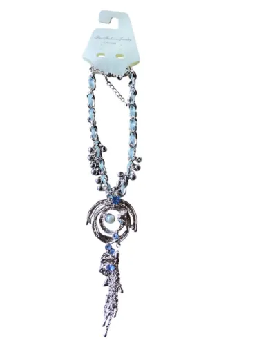 Colar Feminino Prateado com Pedras Azuis (Novo)