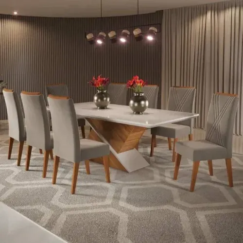 Mesa para Sala de Jantar com Tampo em Vidro e 8 Cadeiras