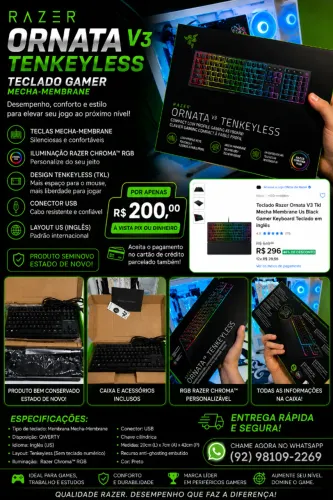Teclado Razer rgb Ornata V3 Membrana Us Black Com nota fiscal na garantia novo