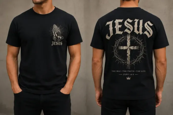 Camiseta Jesus Tradicional Masculina | Estampa Cristã Frente e Costas | Algodão ou Poliést
