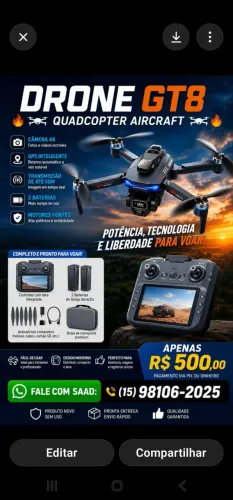 drone gt8 2 baterias controle com tela, câmera hd motor brushless, evita obstáculos, dobrá