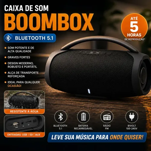 ? Caixa de Som Boombox Bluetooth Bivolt - Som Potente, USB, SD e Rádio FM