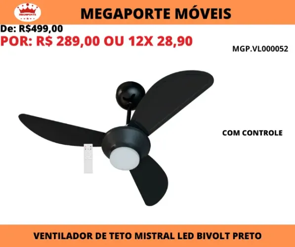 Ventilador de Teto Mistral Led Inverter Ventisol Bivolt com Controle
