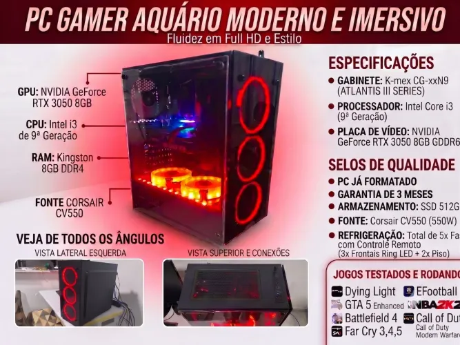 PC Gamer K-Mex Aquário RTX 3050 8GB 3 Meses de Garantia