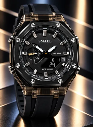 Relógio de pulso Smael Ana-Digi All Black Silicone PROVA D'ÁGUA Novo