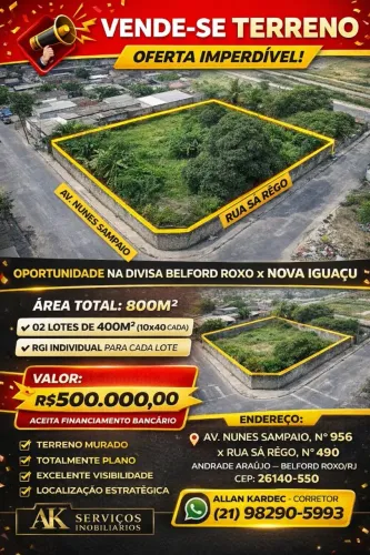 Vendo terreno 800m². Bairro: Andrade Araújo, Belford Roxo/RJ