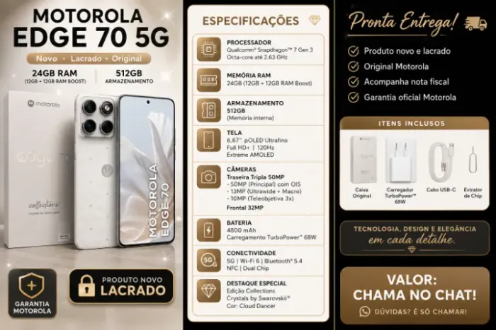 Motorola Edge 70 5G 512GB | 24GB RAM | Novo Lacrado | Swarovski