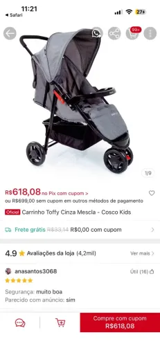 Carrinho de Bebê Cosco Kids Toffy 3 Rodas 0 a 15kg
